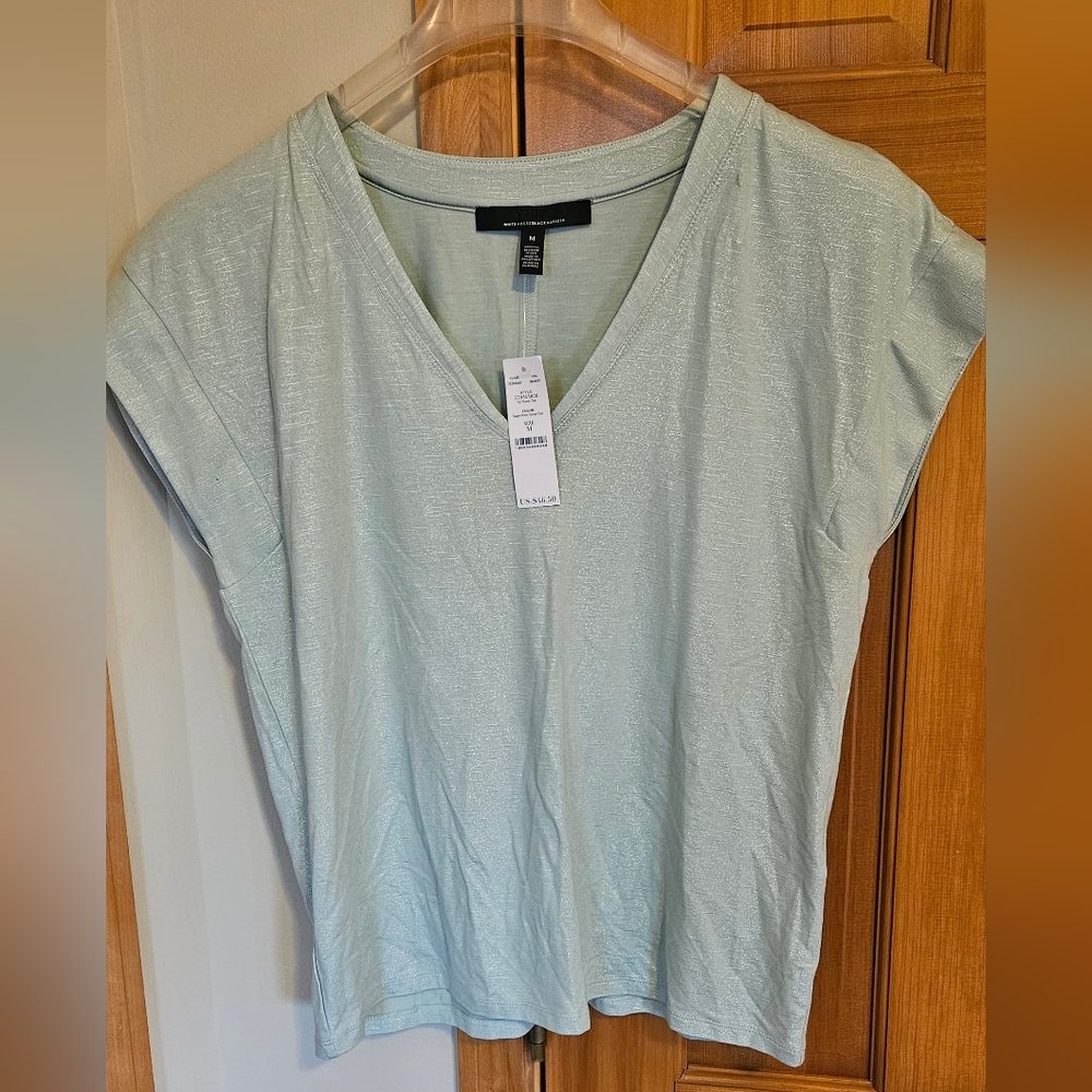 WHBM NWT Light Green V-Neck Top, Subtle Shimmer